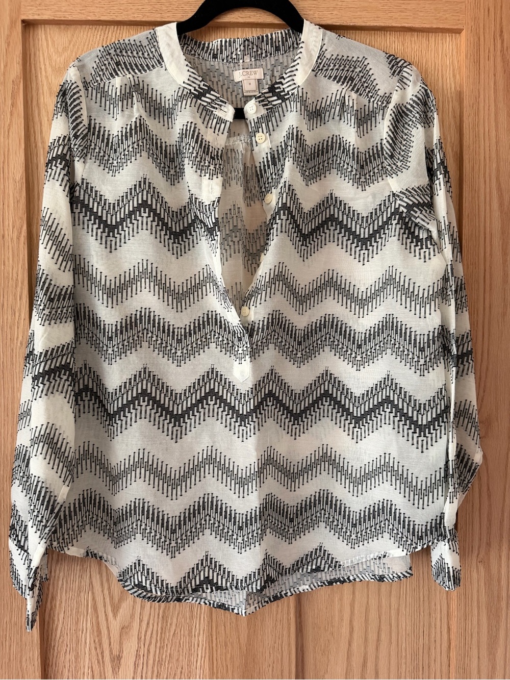 J. Crew Black and Cream Chevron Button-Front Embroidered Blouse